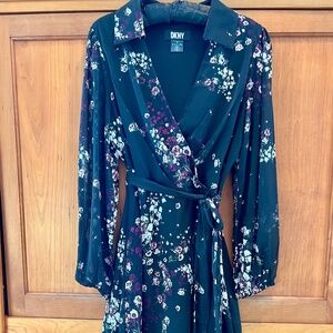 DKNY Floral Belted Dress with Sheer Long Sleeves